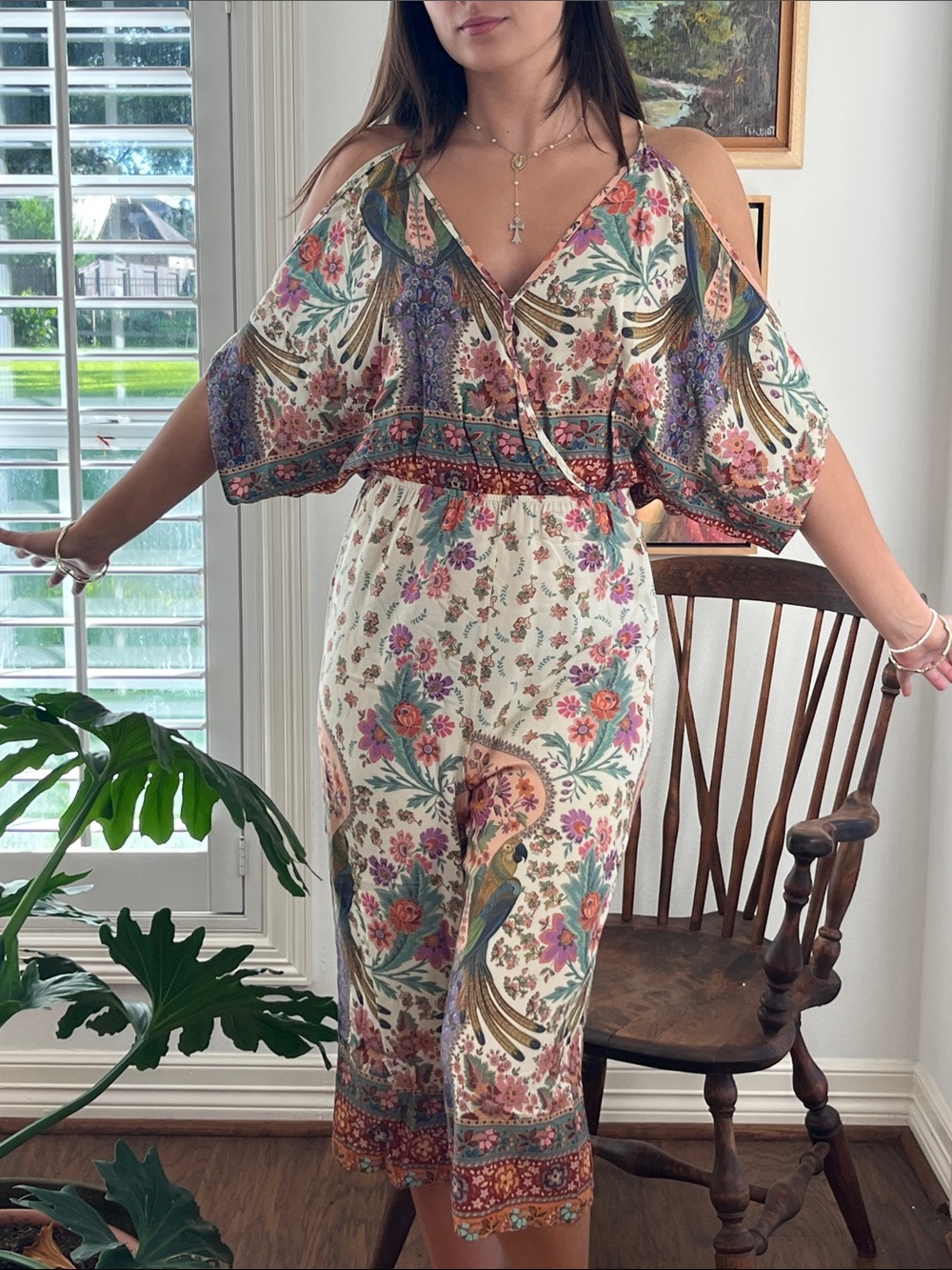 FARM Rio Floral Cold-Shoulder Jumpsuit in Cream